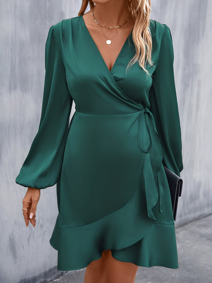 V Neck Satin Puff Long Sleeves Wrap Dress