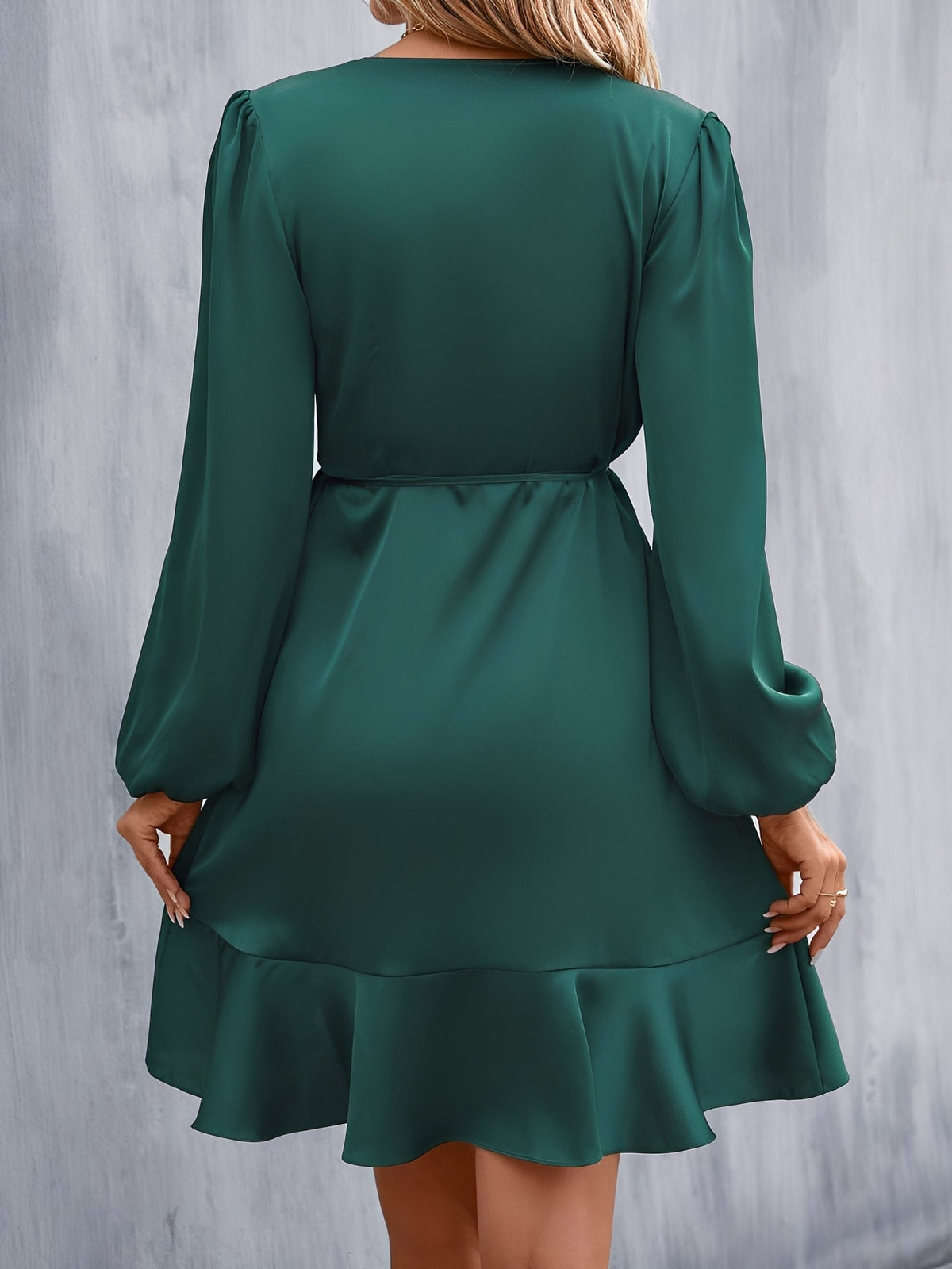 V Neck Satin Puff Long Sleeves Wrap Dress