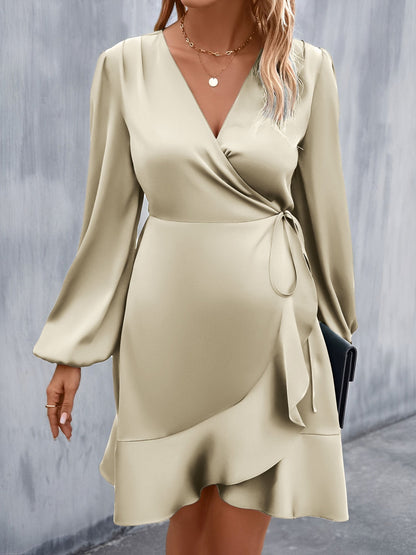 V Neck Satin Puff Long Sleeves Wrap Dress