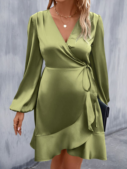 V Neck Satin Puff Long Sleeves Wrap Dress