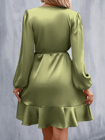 V Neck Satin Puff Long Sleeves Wrap Dress