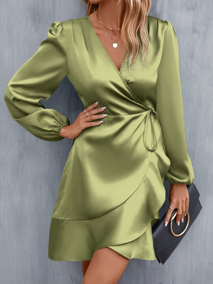 V Neck Satin Puff Long Sleeves Wrap Dress