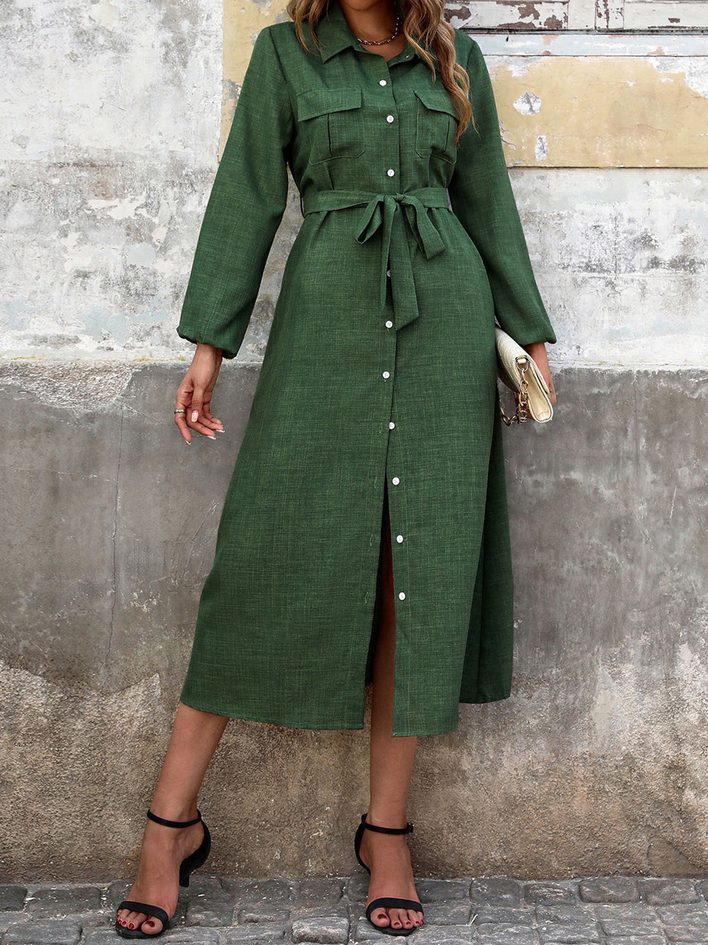 Collared Button Down Long Sleeves Midi Shirt Dress