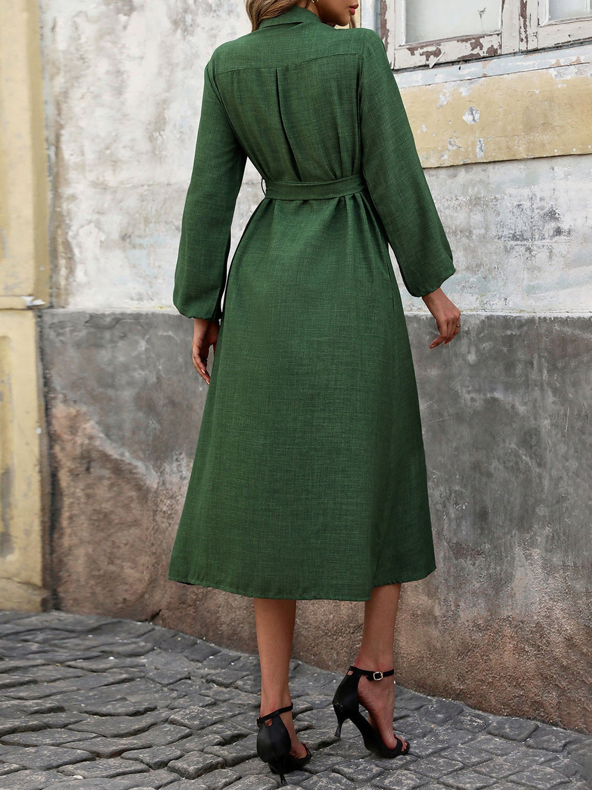 Collared Button Down Long Sleeves Midi Shirt Dress