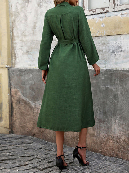 Collared Button Down Long Sleeves Midi Shirt Dress