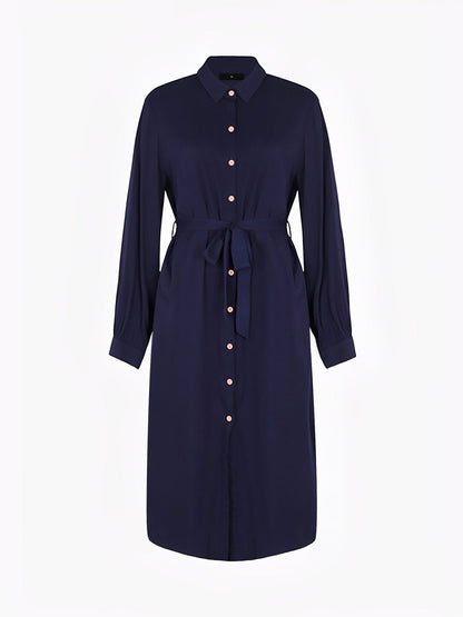 Collared Long Sleeves Pockets Midi Shirt Dress