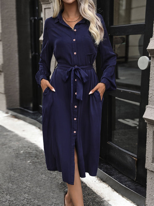 Collared Long Sleeves Pockets Midi Shirt Dress