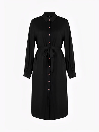 Collared Long Sleeves Pockets Midi Shirt Dress