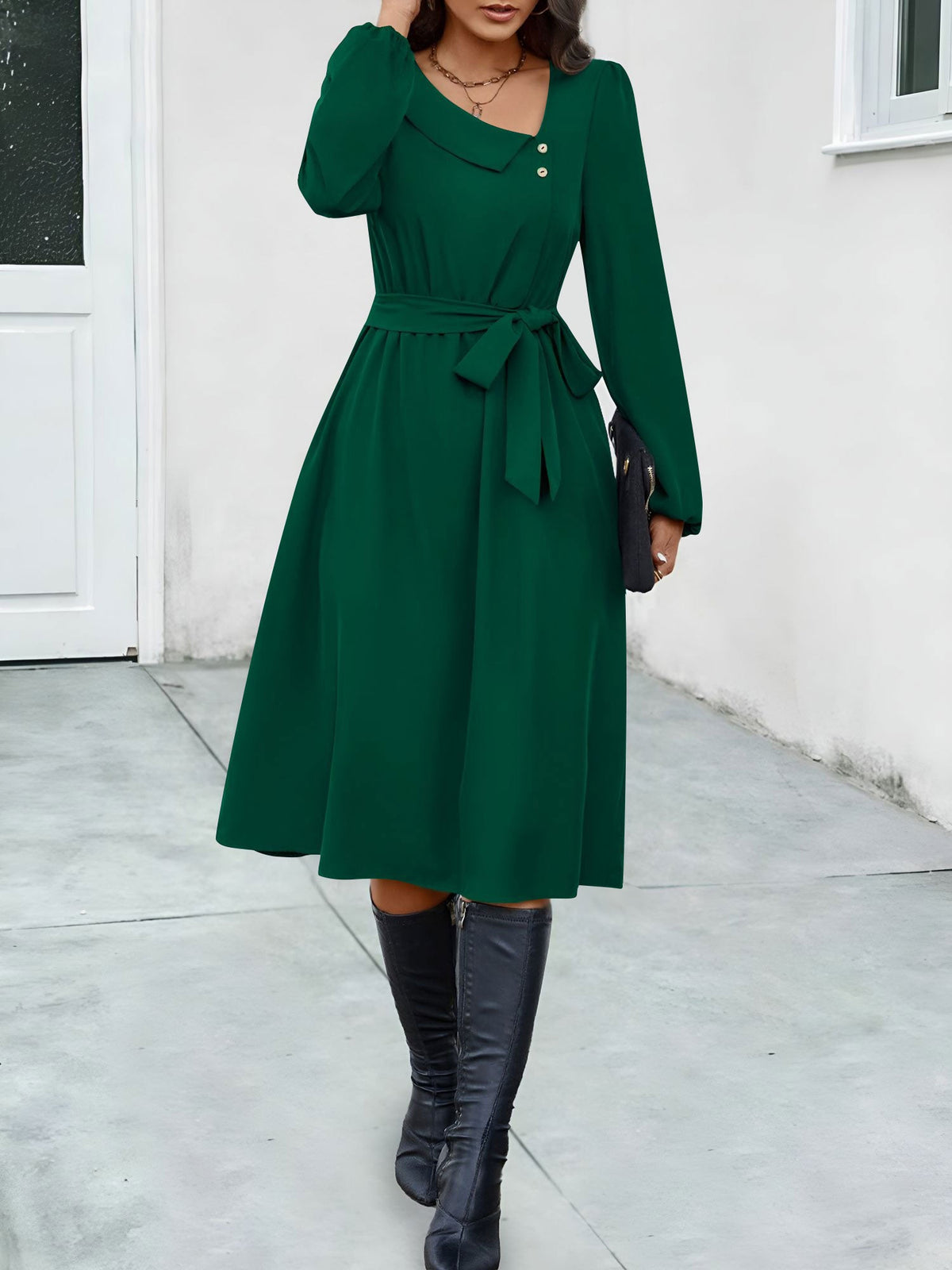 Irregular Collar Button Long Sleeve Midi A-Line Dress
