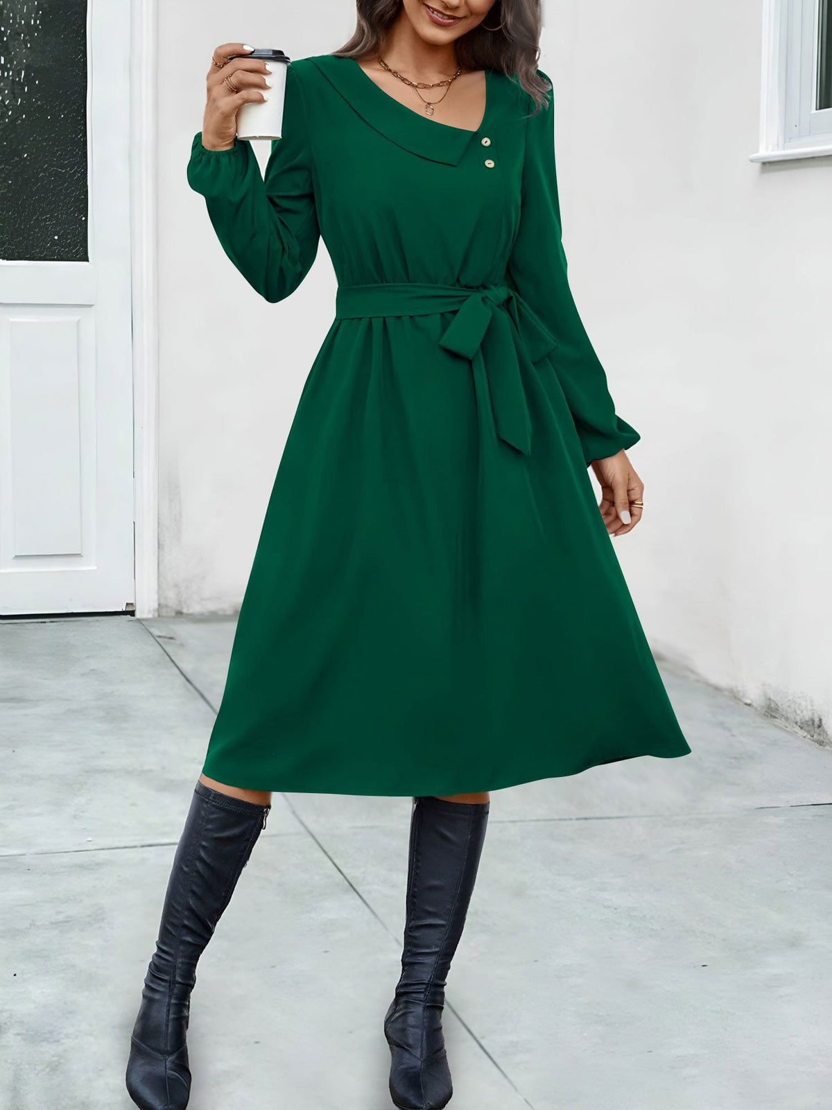 Irregular Collar Button Long Sleeve Midi A-Line Dress