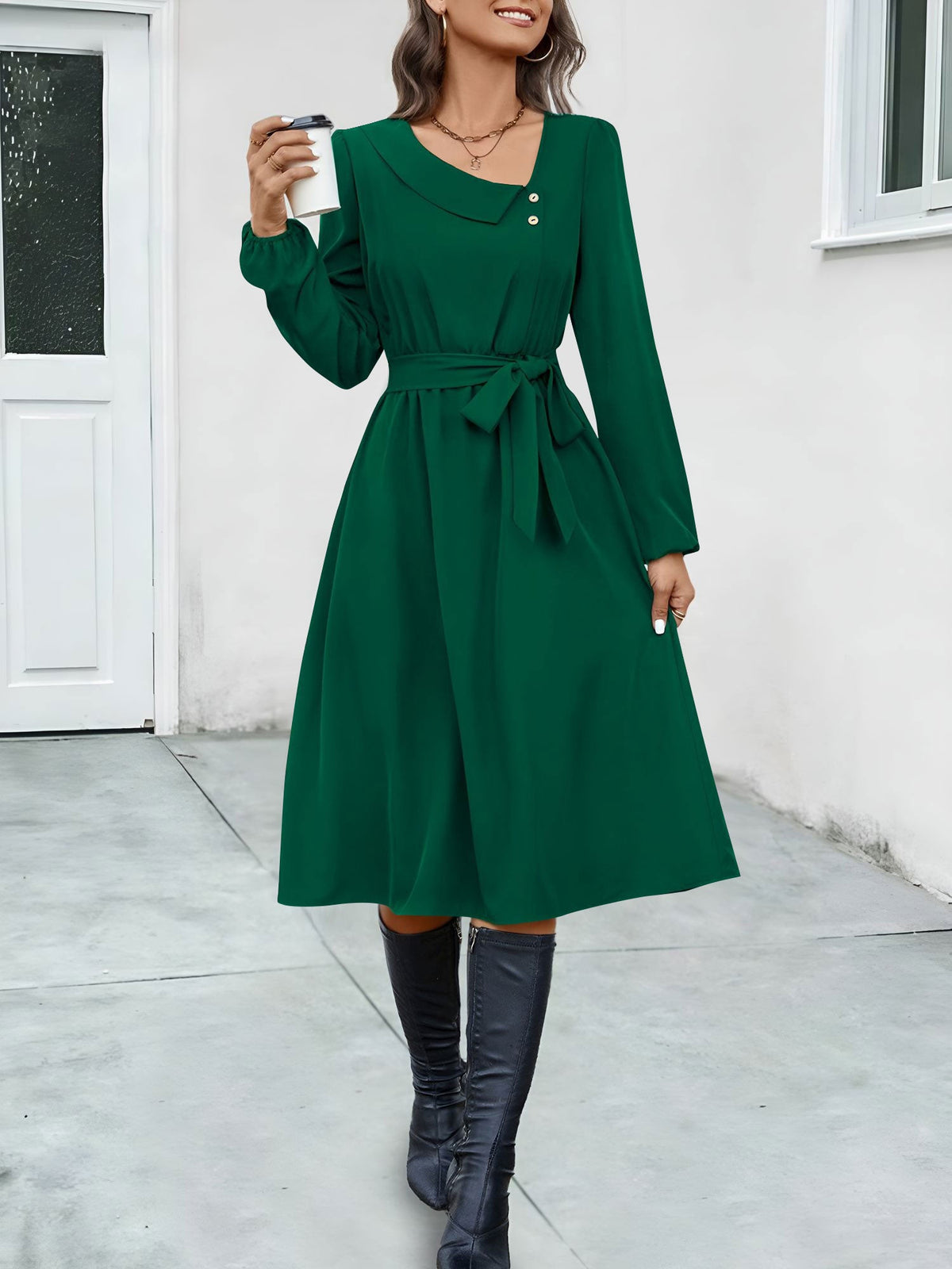 Irregular Collar Button Long Sleeve Midi A-Line Dress
