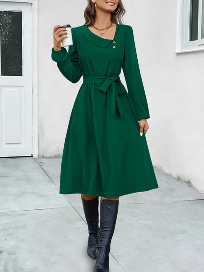 Irregular Collar Button Long Sleeve Midi A-Line Dress