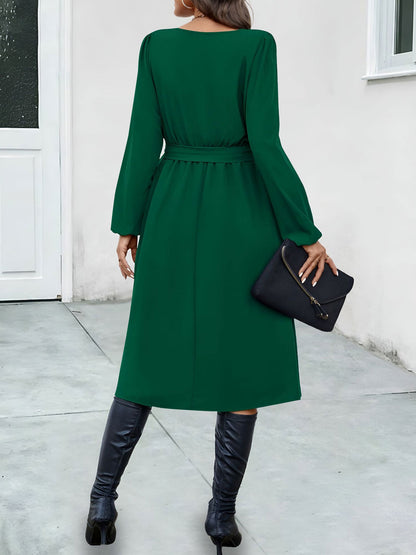 Irregular Collar Button Long Sleeve Midi A-Line Dress