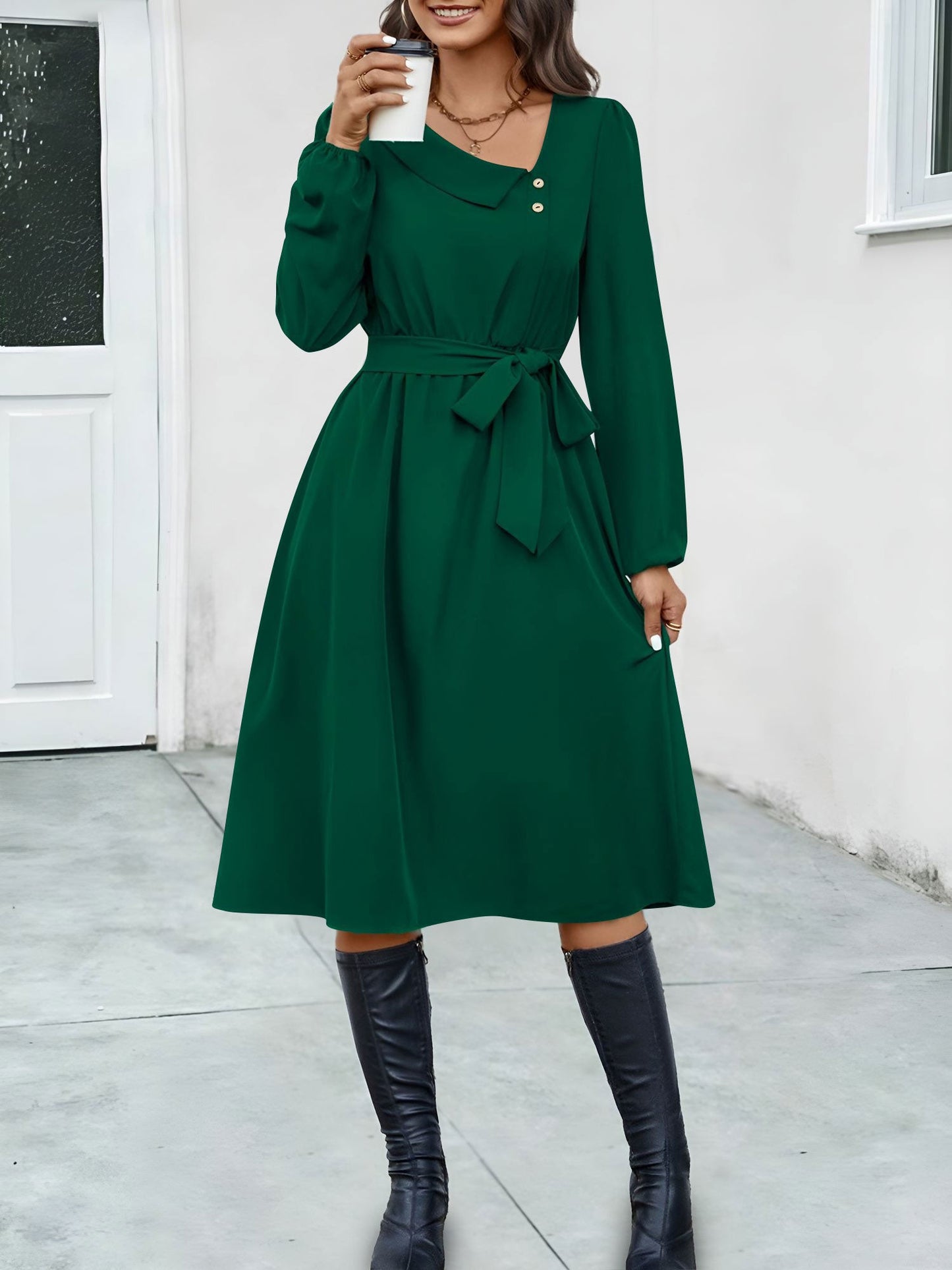 Irregular Collar Button Long Sleeve Midi A-Line Dress