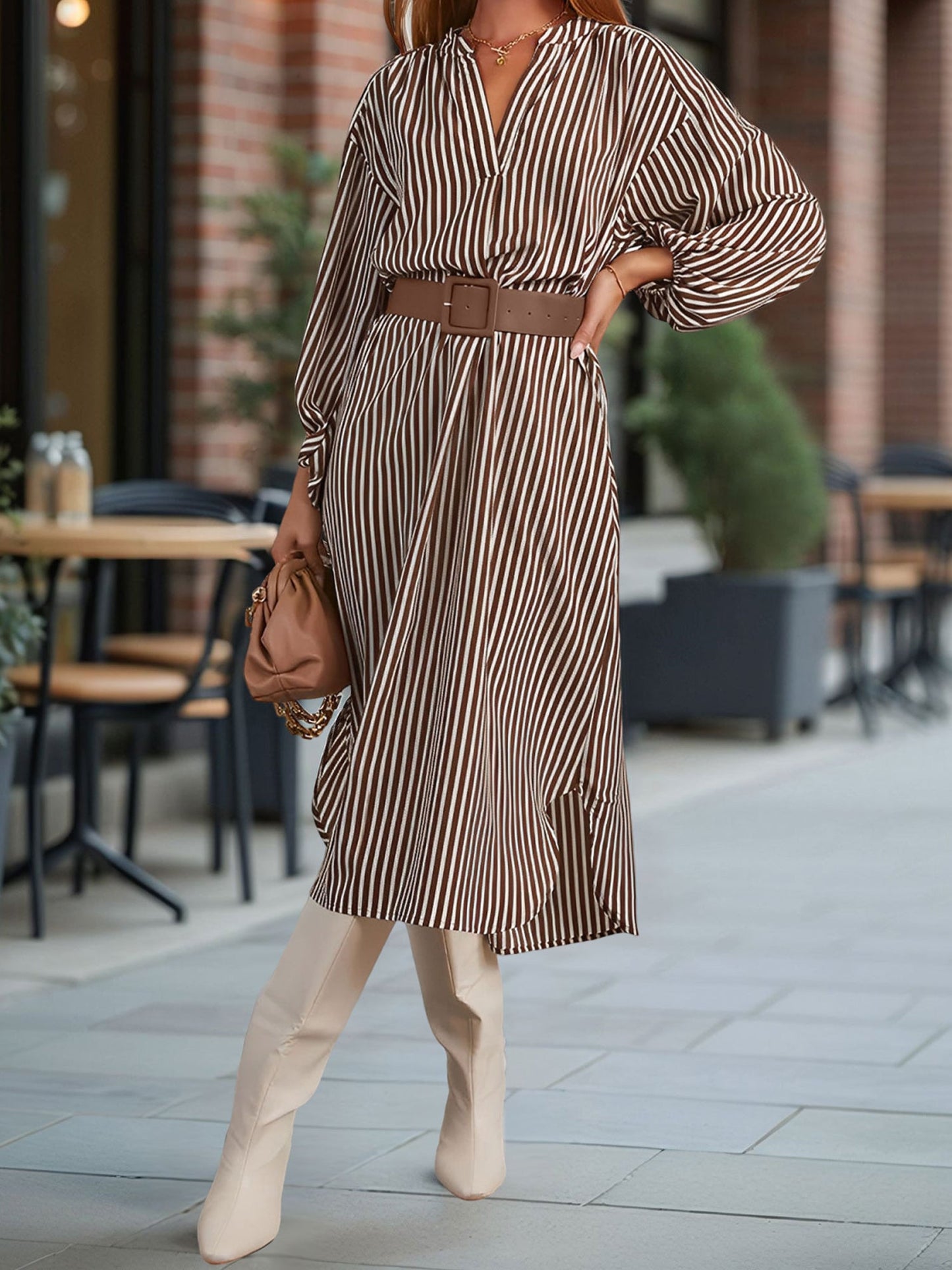 Striped Notch Neck Long Sleeves Belted Pockets Dress