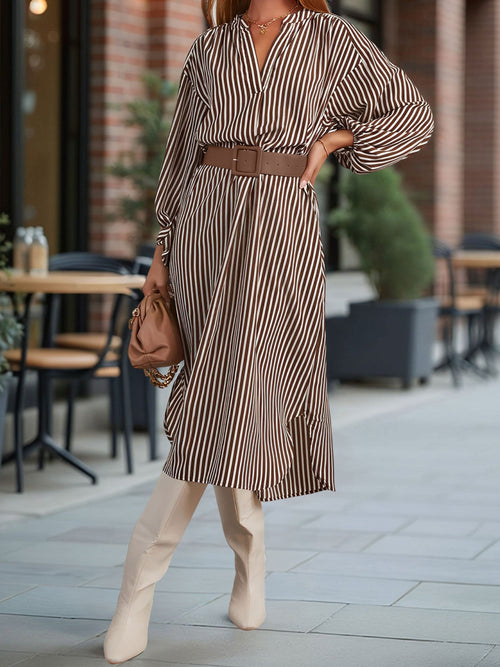 Striped Notch Neck Long Sleeves Belted Pockets Dress