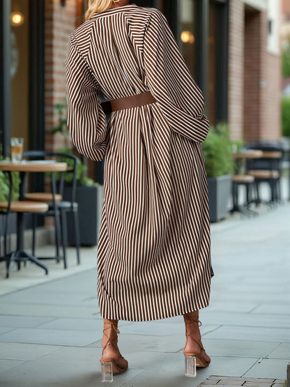 Striped Notch Neck Long Sleeves Belted Pockets Dress