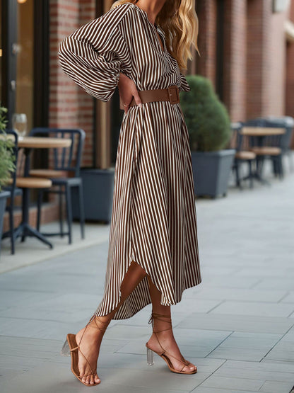 Striped Notch Neck Long Sleeves Belted Pockets Dress