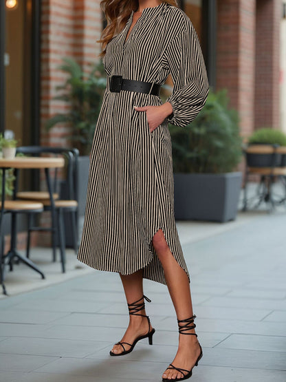 Striped Notch Neck Long Sleeves Belted Pockets Dress