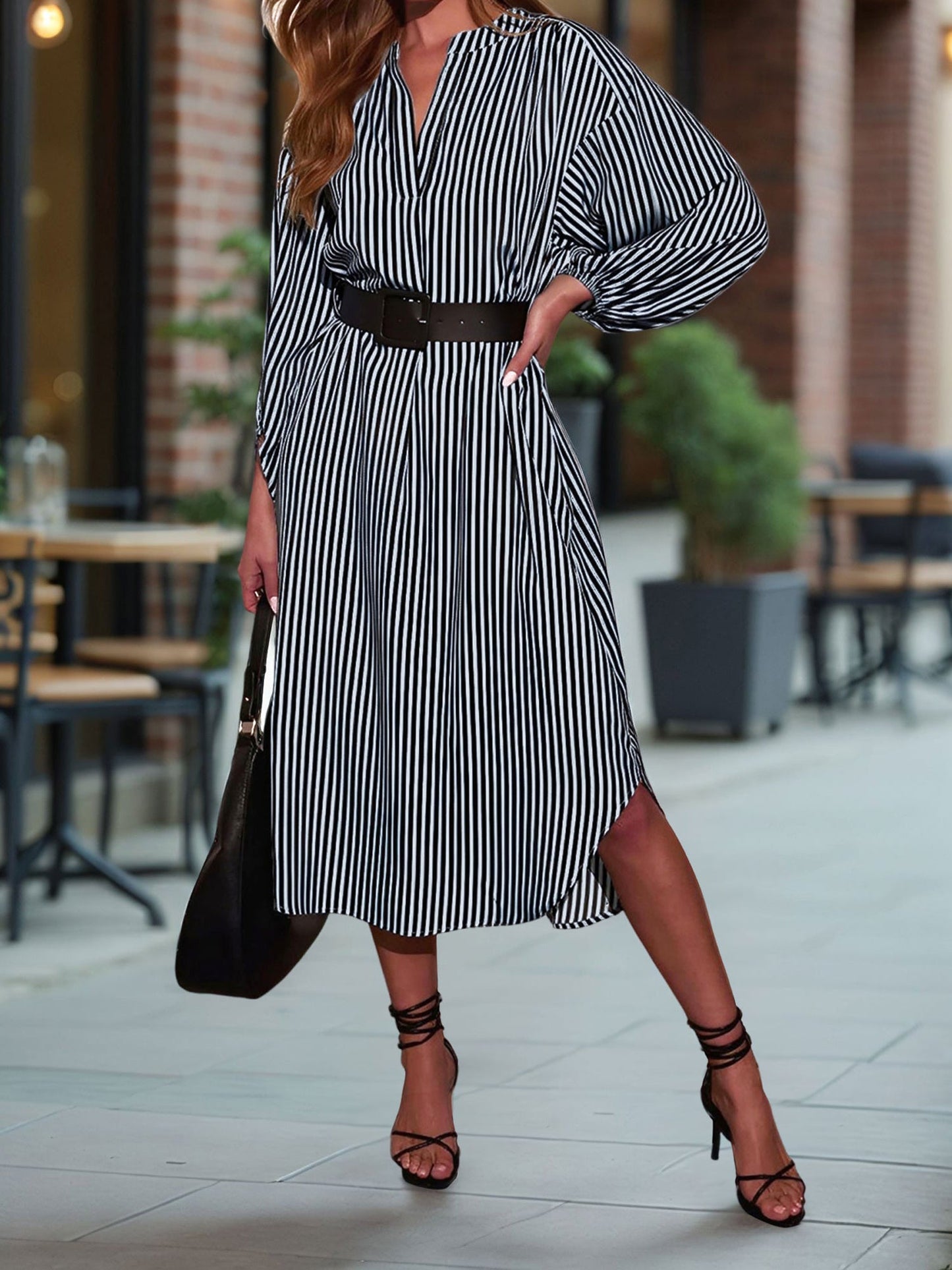 Striped Notch Neck Long Sleeves Belted Pockets Dress