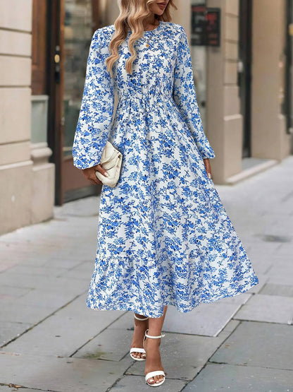 Floral Round Neck Puff Long Sleeve Midi Dress