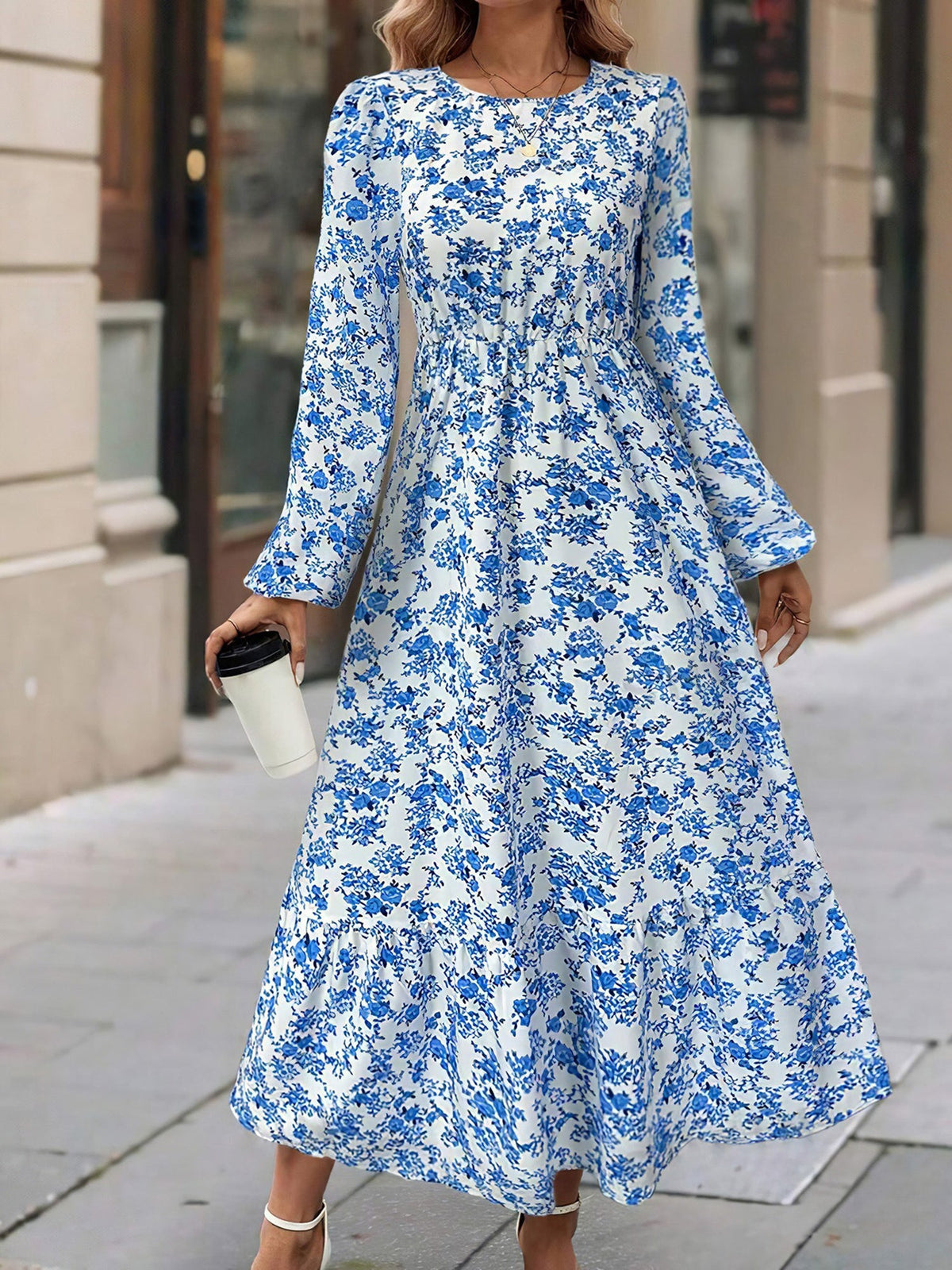 Floral Round Neck Puff Long Sleeve Midi Dress