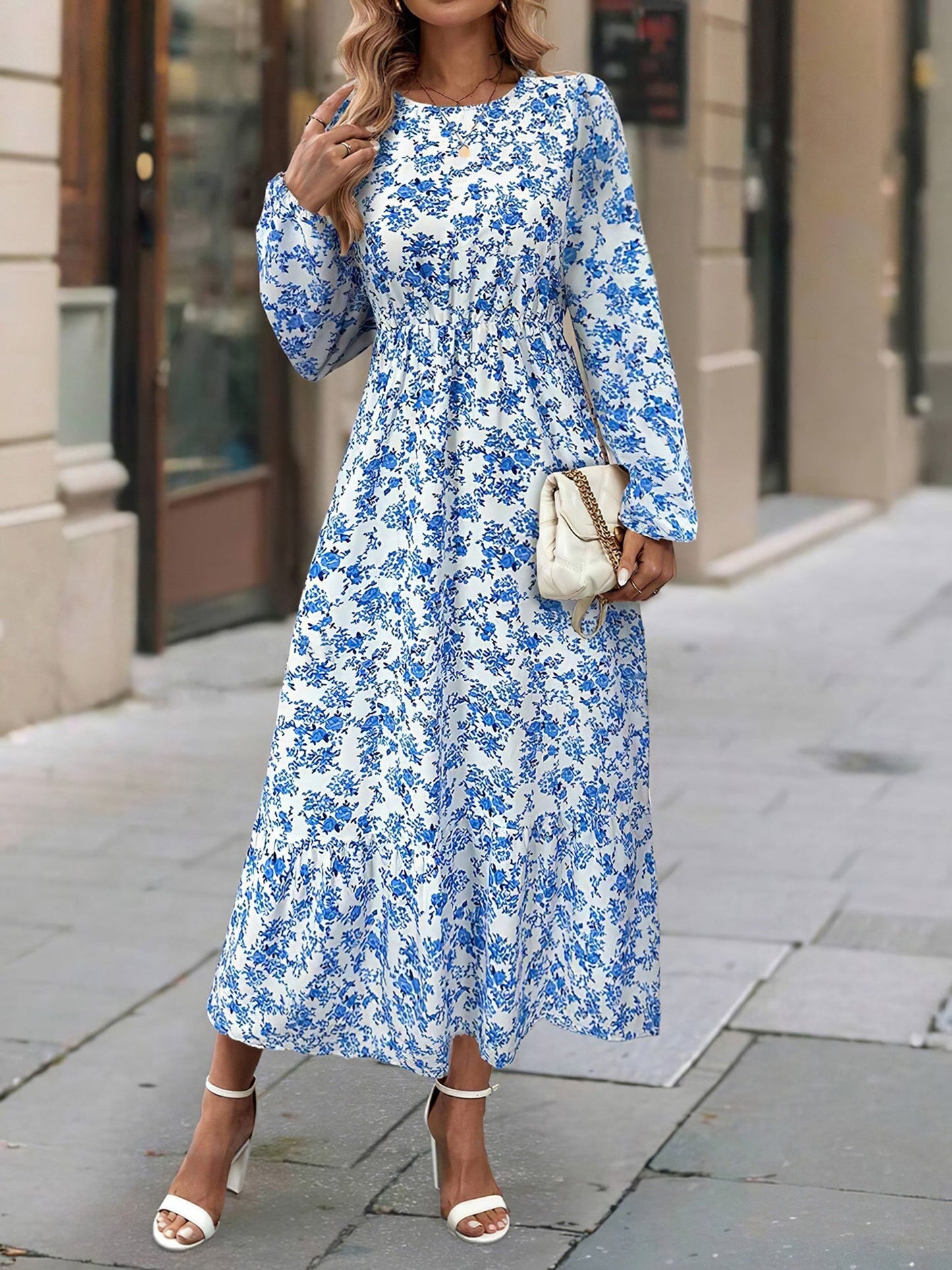 Floral Round Neck Puff Long Sleeve Midi Dress