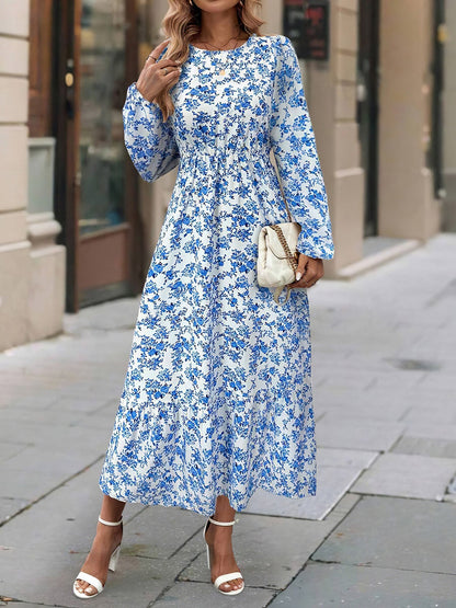 Floral Round Neck Puff Long Sleeve Midi Dress