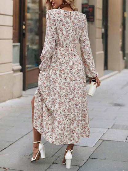 Floral Round Neck Puff Long Sleeve Midi Dress