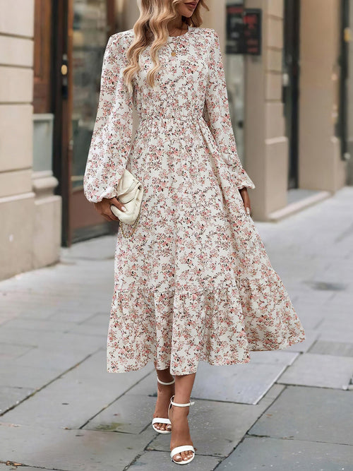 Floral Round Neck Puff Long Sleeve Midi Dress