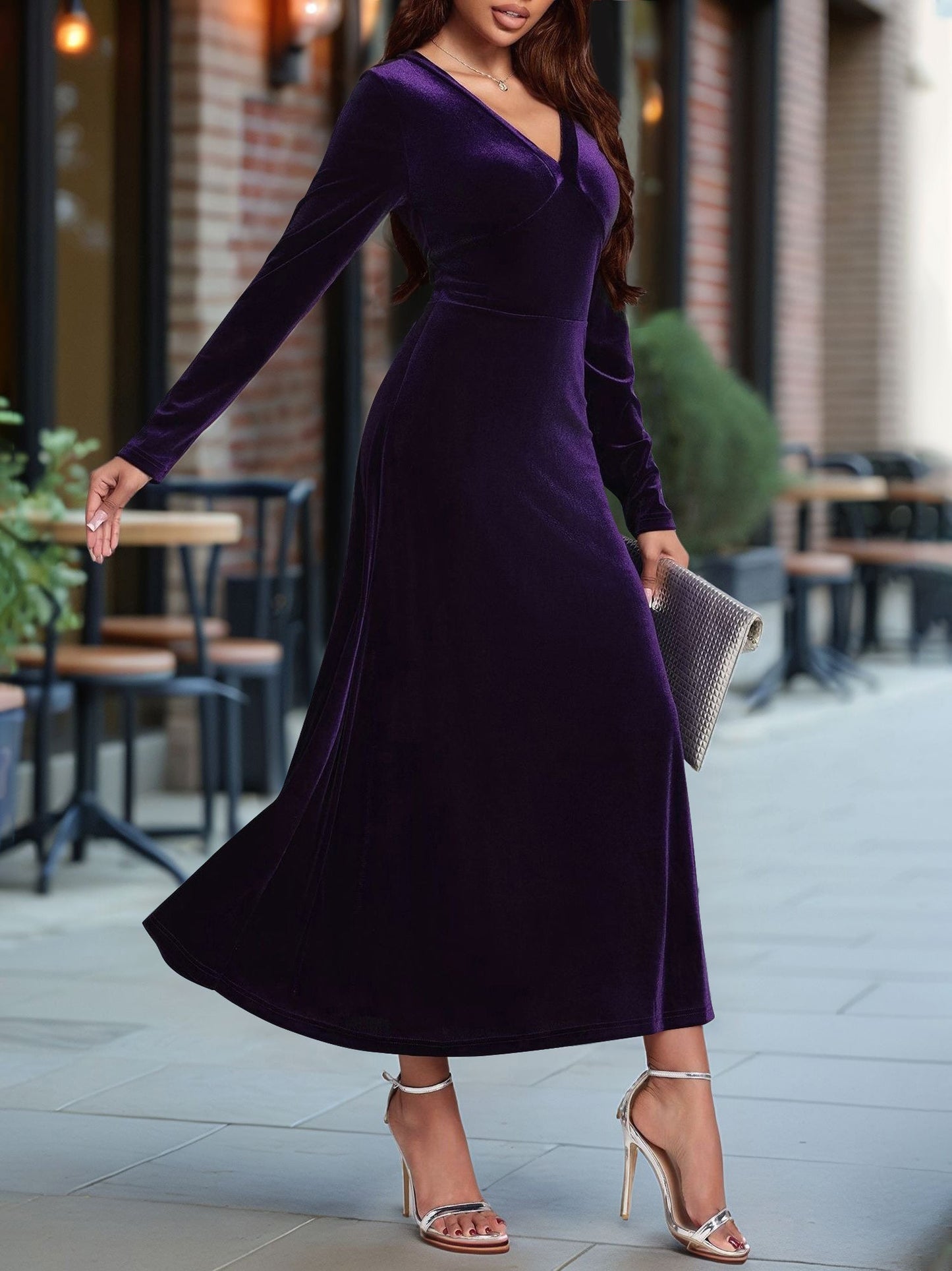 V Neck Long Sleeves Velvet A-Line Maxi Dress