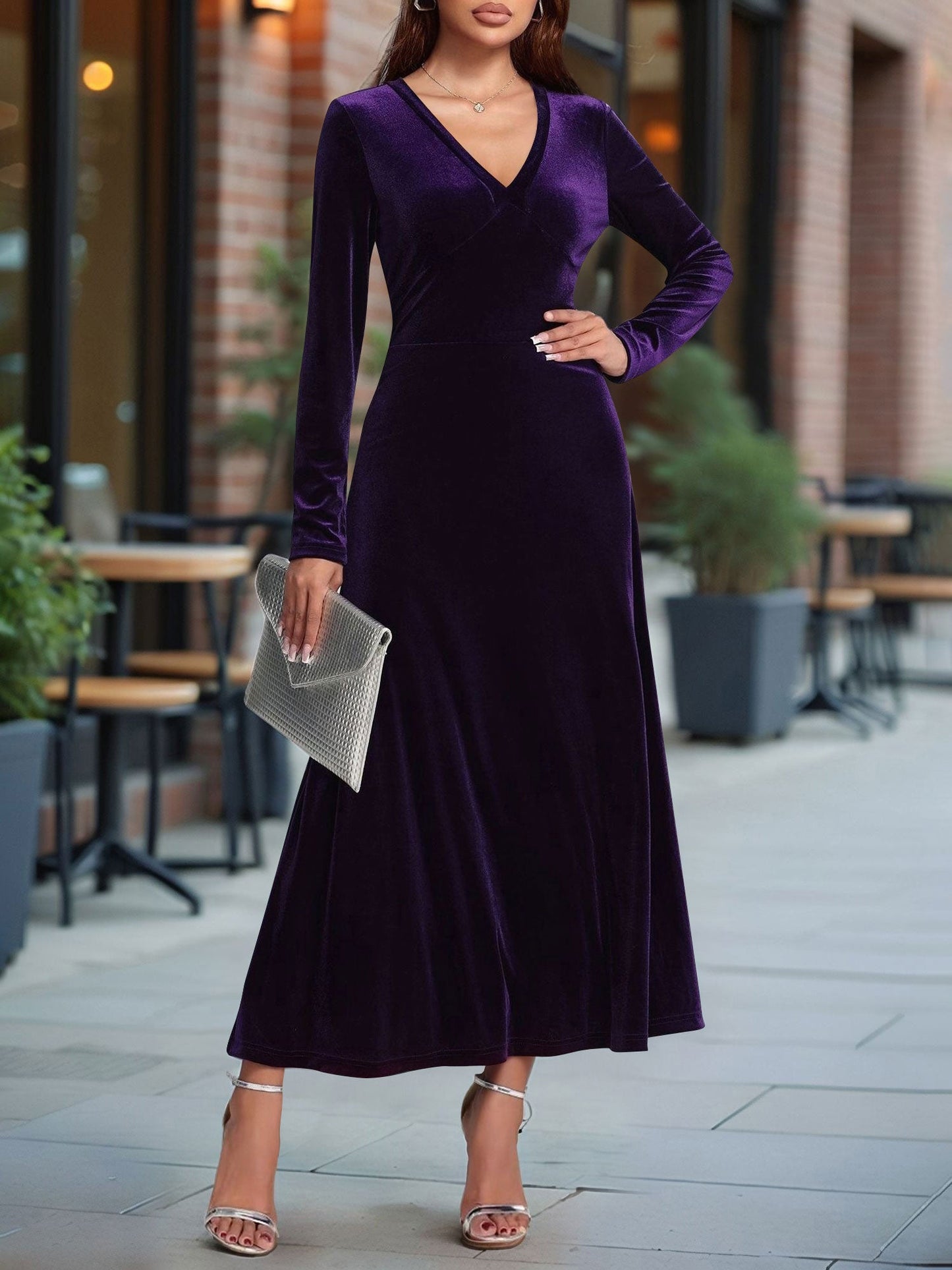 V Neck Long Sleeves Velvet A-Line Maxi Dress