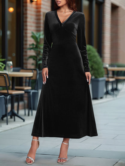 V Neck Long Sleeves Velvet A-Line Maxi Dress
