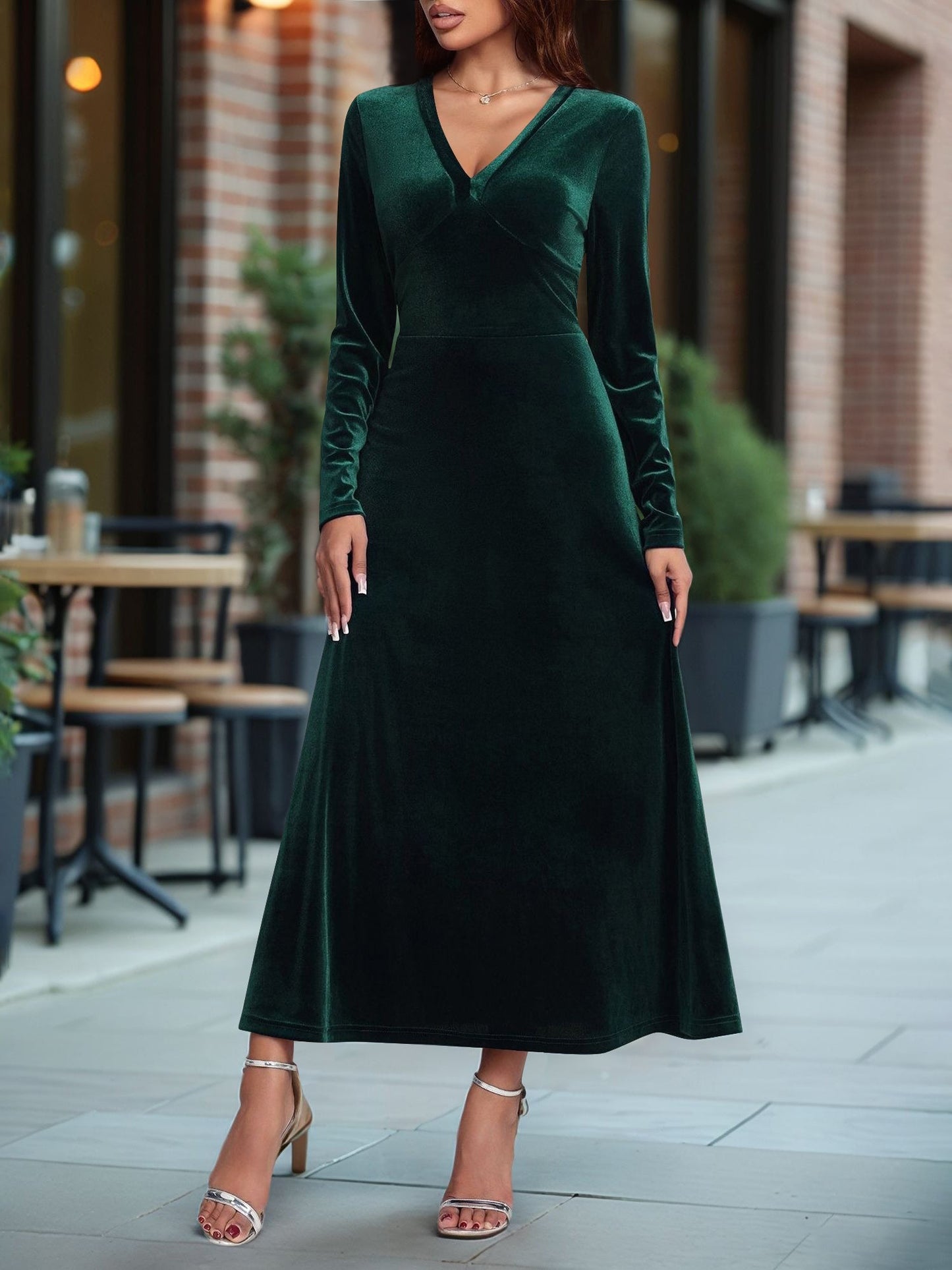 V Neck Long Sleeves Velvet A-Line Maxi Dress