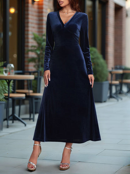 V Neck Long Sleeves Velvet A-Line Maxi Dress
