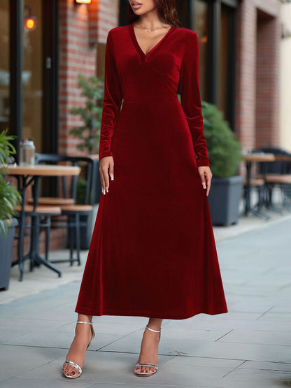 V Neck Long Sleeves Velvet A-Line Maxi Dress