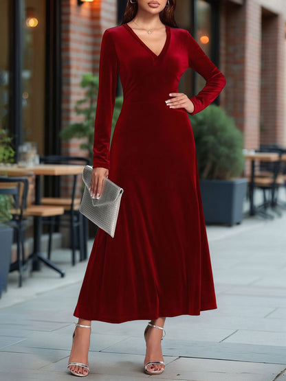 V Neck Long Sleeves Velvet A-Line Maxi Dress