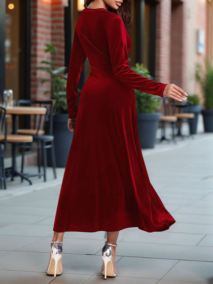 V Neck Long Sleeves Velvet A-Line Maxi Dress