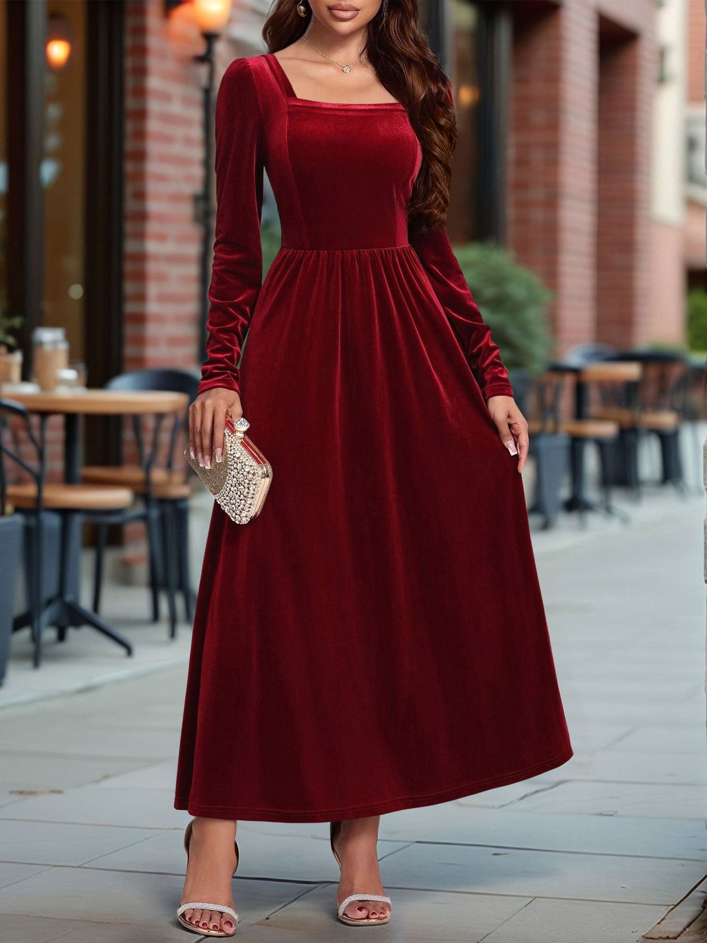 Velvet Backless Square Neck Long Sleeves A-Line Maxi Dress