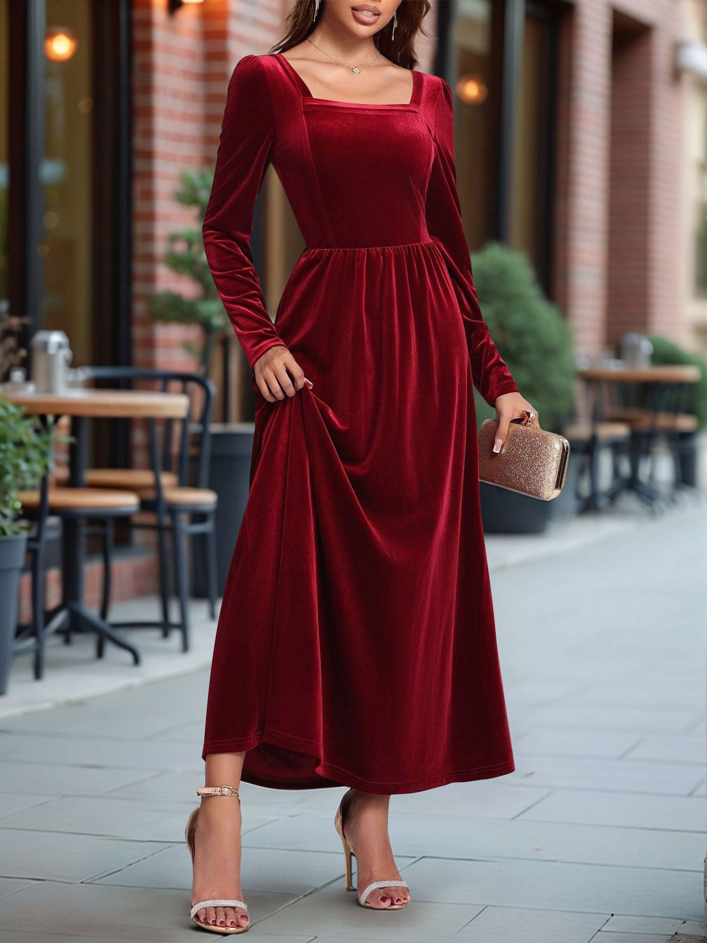 Velvet Backless Square Neck Long Sleeves A-Line Maxi Dress