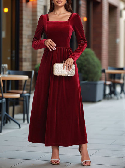 Velvet Backless Square Neck Long Sleeves A-Line Maxi Dress