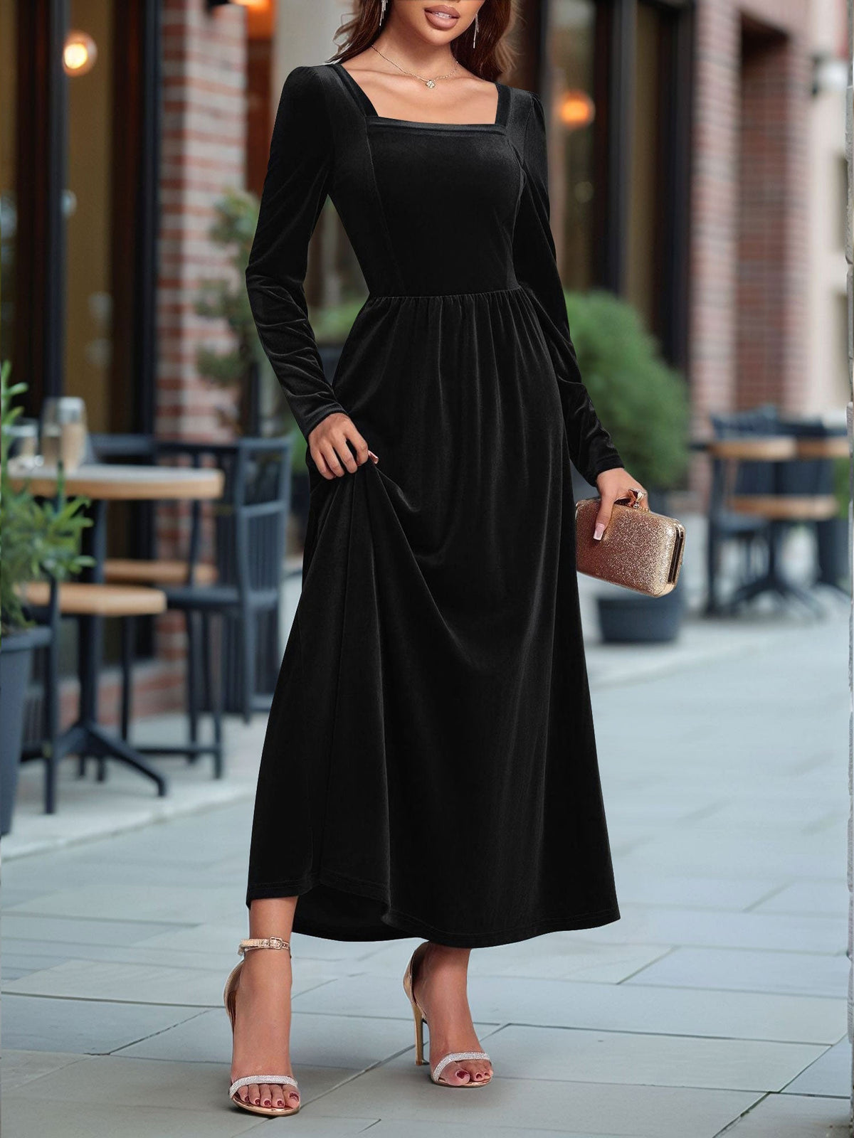 Velvet Backless Square Neck Long Sleeves A-Line Maxi Dress