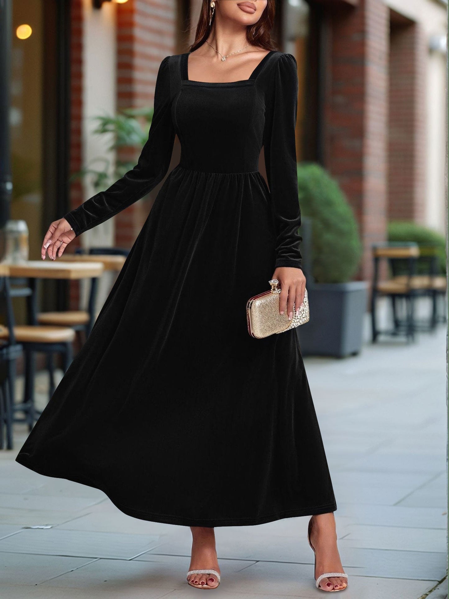 Velvet Backless Square Neck Long Sleeves A-Line Maxi Dress
