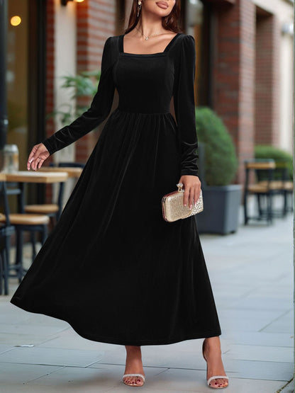 Velvet Backless Square Neck Long Sleeves A-Line Maxi Dress