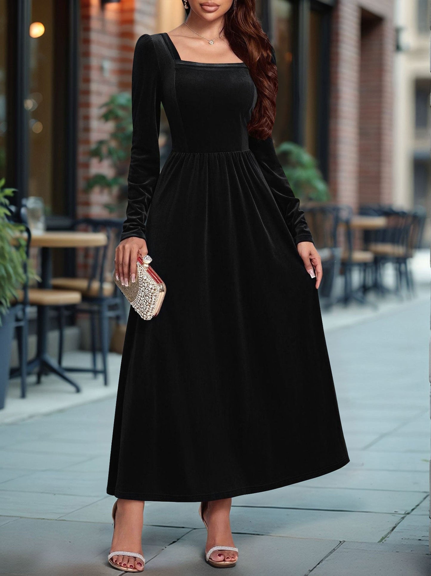 Velvet Backless Square Neck Long Sleeves A-Line Maxi Dress