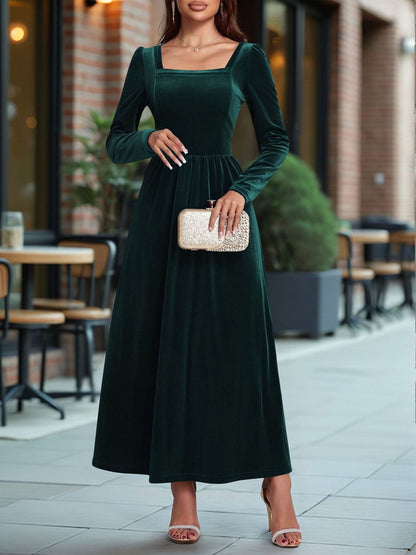 Velvet Backless Square Neck Long Sleeves A-Line Maxi Dress