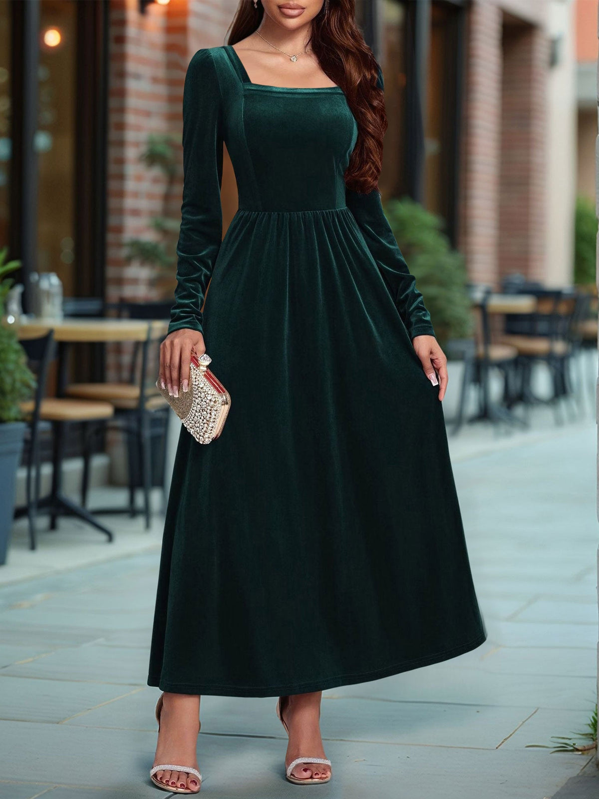 Velvet Backless Square Neck Long Sleeves A-Line Maxi Dress