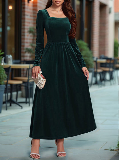 Velvet Backless Square Neck Long Sleeves A-Line Maxi Dress