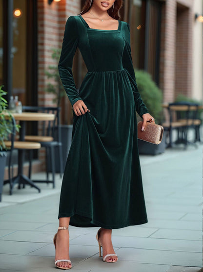 Velvet Backless Square Neck Long Sleeves A-Line Maxi Dress