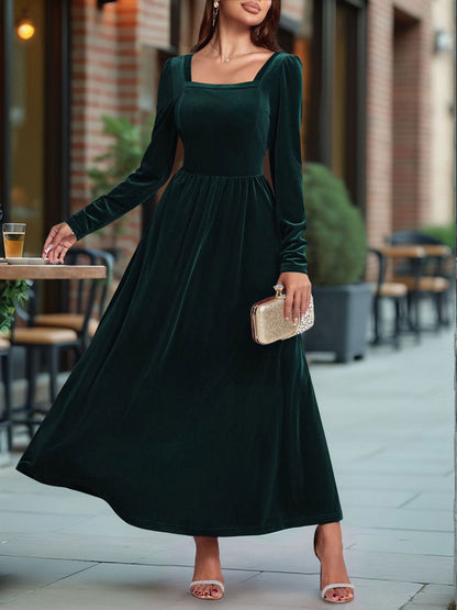 Velvet Backless Square Neck Long Sleeves A-Line Maxi Dress